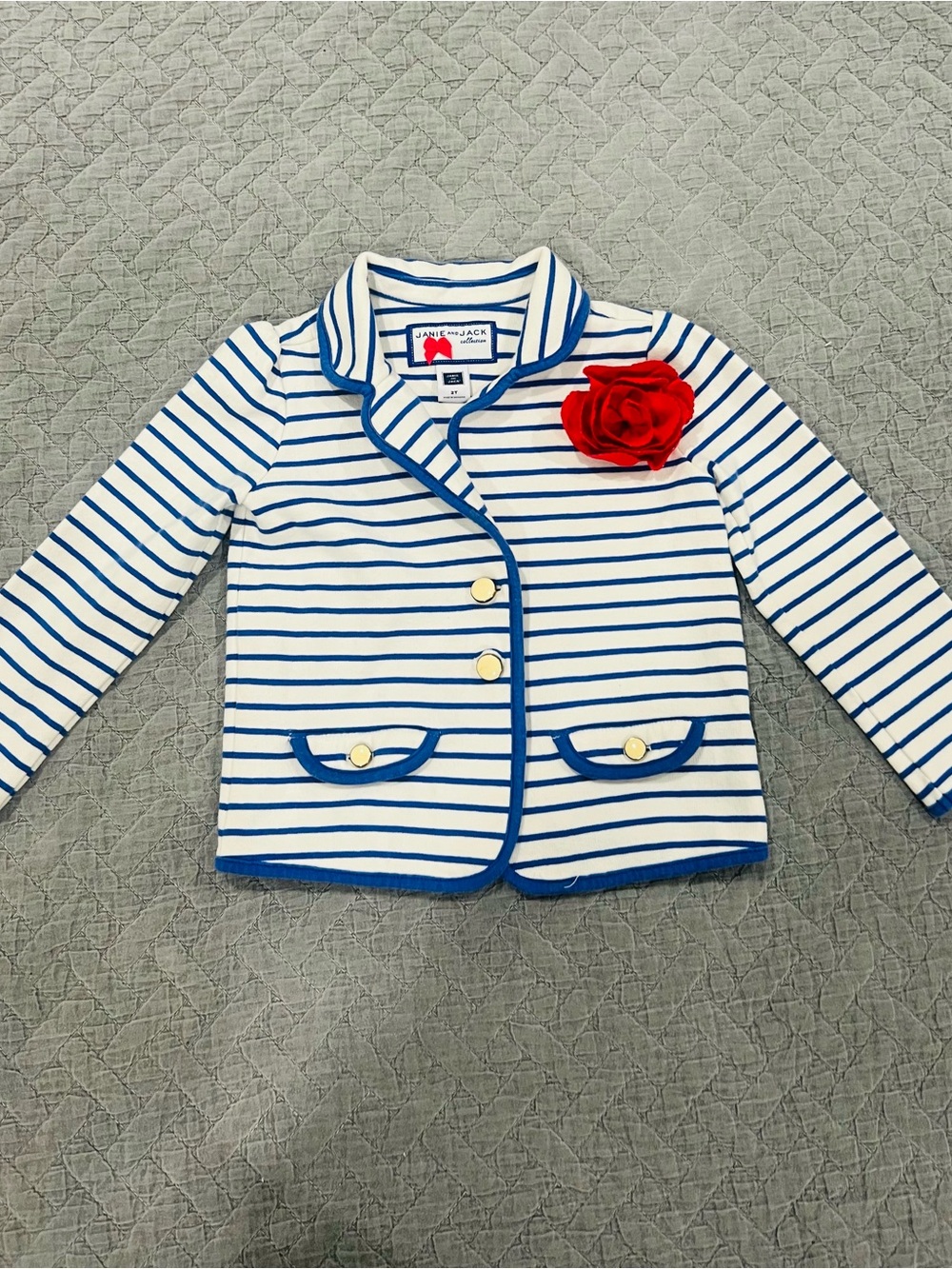 Janie and Jack White and Blue Striped Blazer with Red Flower